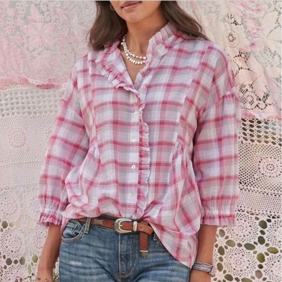 Sundance Janis Pink Plaid Ruffle 3/4 Sleeve Blouse - Picture 8 of 8